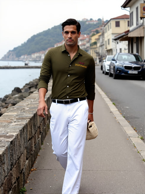 Olive green cotton blend shirt for men with "1947 DOPAMINE" text on the back