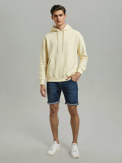 Cream cotton hoodie for men with drawstring hood and kangaroo pocket