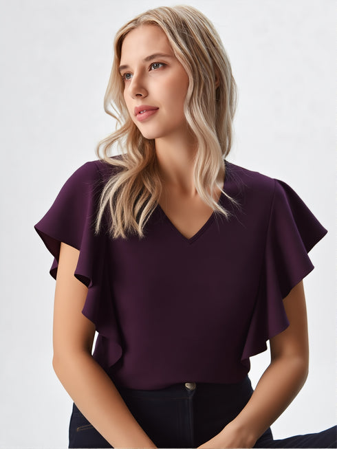 Purple flutter sleeve V-neck top on model, lightweight polyester blouse