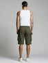 Olive green cargo pocket shorts for men with elastic waistband and flap pockets
