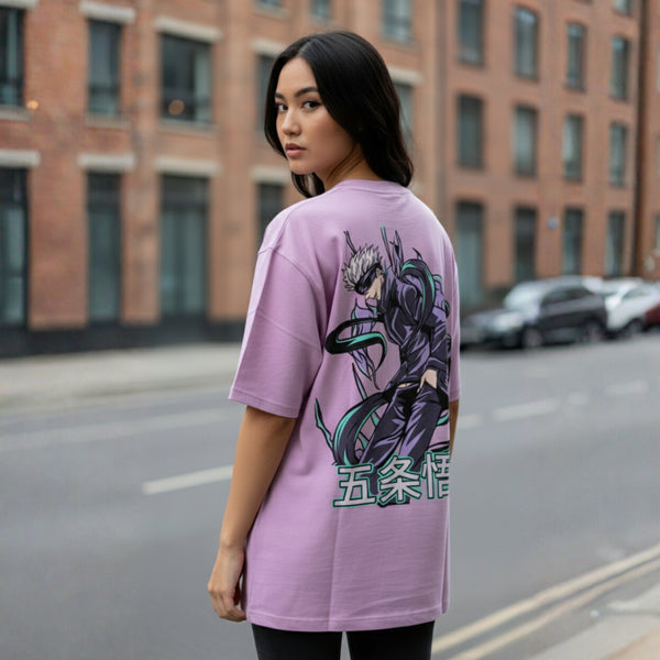 Purple cotton oversized t-shirt with large anime-style Gojo character graphic and Japanese text on the back