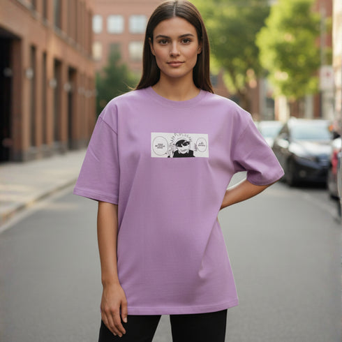Purple cotton oversized t-shirt with large anime-style Gojo character graphic and Japanese text on the back