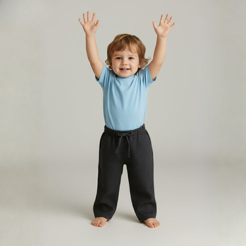 Black linen drawstring pants for boys with elastic waistband