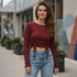 Maroon Ruched Drawstring Crop Top