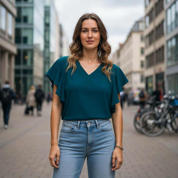 Green Ruffle Sleeve V-Neck Top