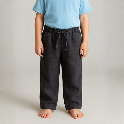 Black linen drawstring pants for boys with elastic waistband