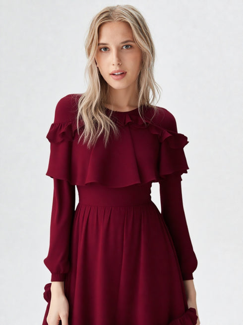 Maroon ruffle layered midi polyester dress with long sleeves and elastic waist, women’s party and semi-formal wear