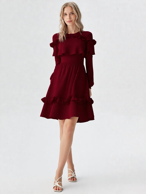 Maroon ruffle layered midi polyester dress with long sleeves and elastic waist, women’s party and semi-formal wear