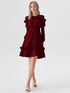 Maroon ruffle layered midi polyester dress with long sleeves and elastic waist, women’s party and semi-formal wear