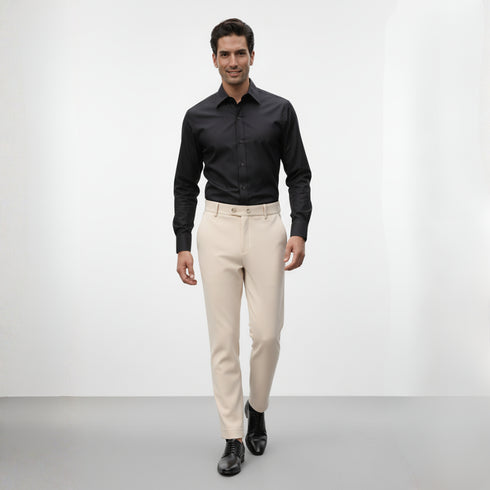 Beige cotton blend trousers for men paired with a black formal shirt