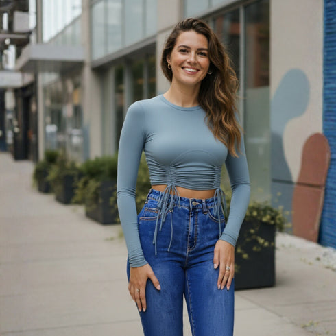 Blue Ruched Long Sleeve Crop Top