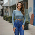 Blue Ruched Long Sleeve Crop Top