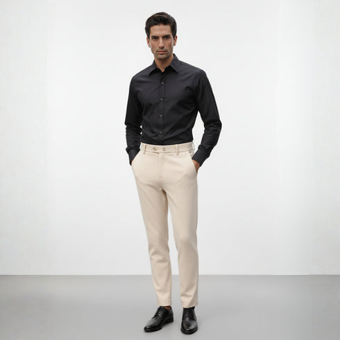 Beige cotton blend trousers for men paired with a black formal shirt