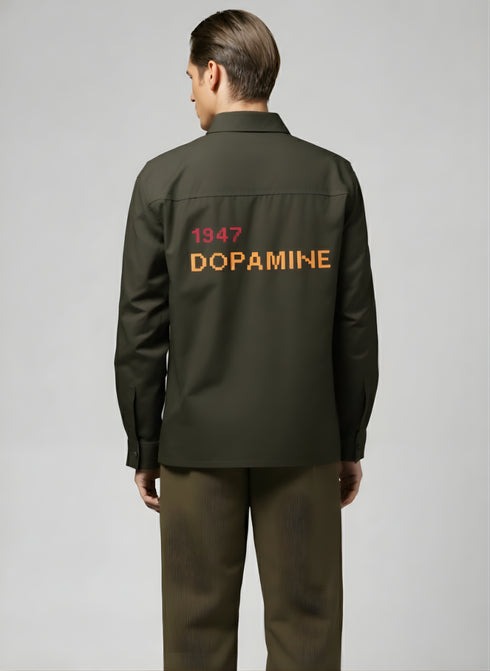 Olive green cotton blend shirt for men with "1947 DOPAMINE" text on the back