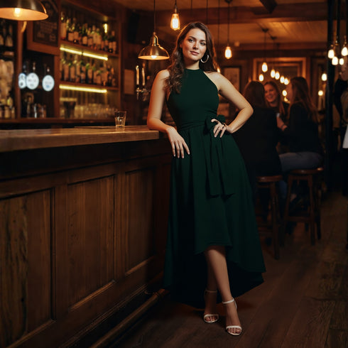 Halter Neck Asymmetrical Maxi Dress - Dark Green