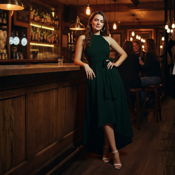 Halter Neck Asymmetrical Maxi Dress - Dark Green