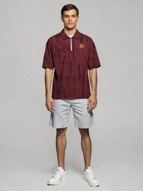 Burgundy Textured Half-Zip Oversized Polo T-Shirt for men