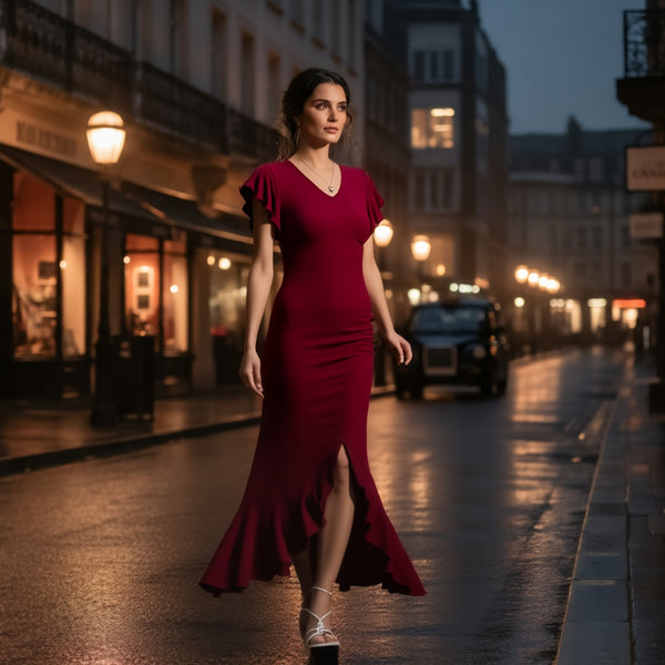 Maroon Flutter Sleeve Midi Dress