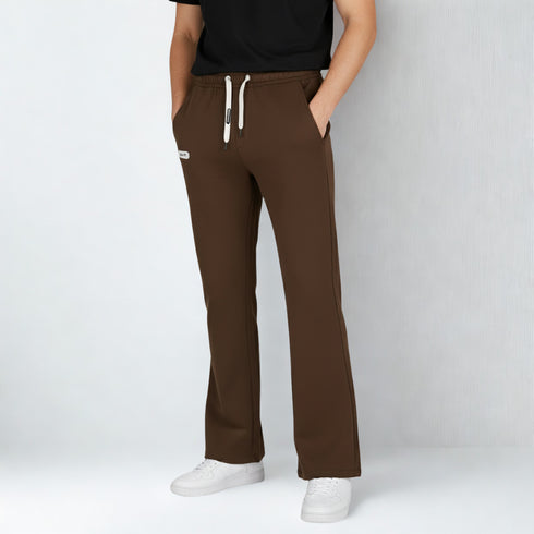 Brown cotton blend baggy fit trousers for men with drawstring waistband and relaxed fit