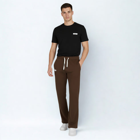 Brown cotton blend baggy fit trousers for men with drawstring waistband and relaxed fit