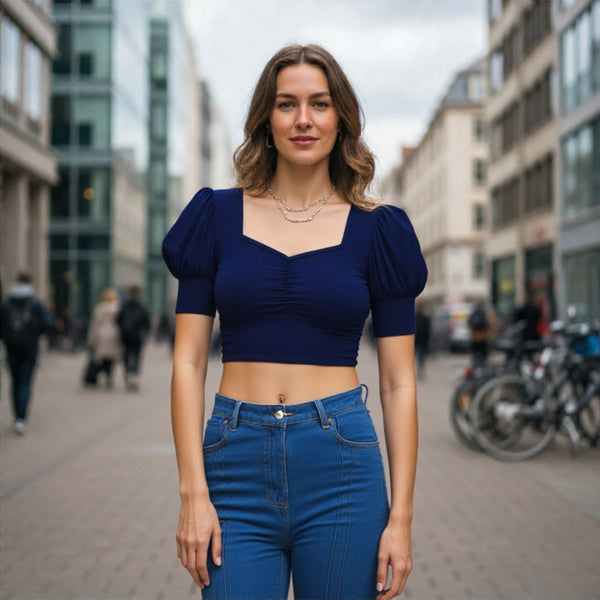 Square Neck Ruched Puff Sleeve Crop Top - Navy Blue