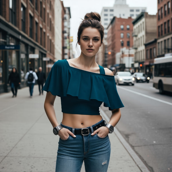 One Shoulder Ruffle Crop Top - Teal