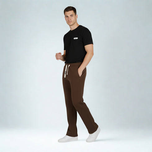 Brown cotton blend baggy fit trousers for men with drawstring waistband and relaxed fit