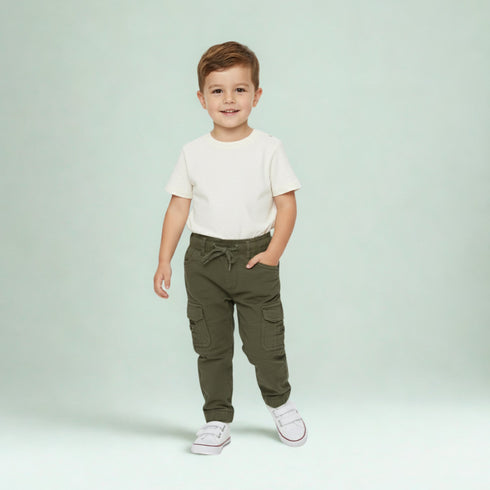 Olive green cotton cargo pants for kids with elastic waistband and flap pockets