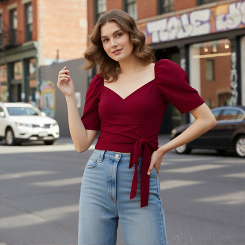 Wine Red Wrap Puff Sleeve Top