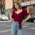 Wine Red Wrap Puff Sleeve Top