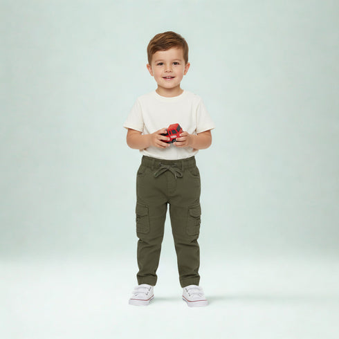 Olive green cotton cargo pants for kids with elastic waistband and flap pockets