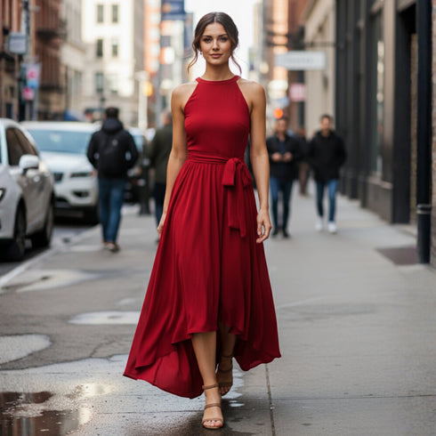 Red High-Low Midi Dress with Tie Waist