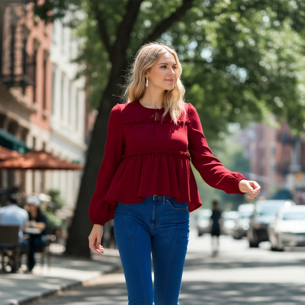 Maroon Long Sleeve Smocked Peplum Top