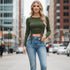 Dark Green Ruched Drawstring Crop Top