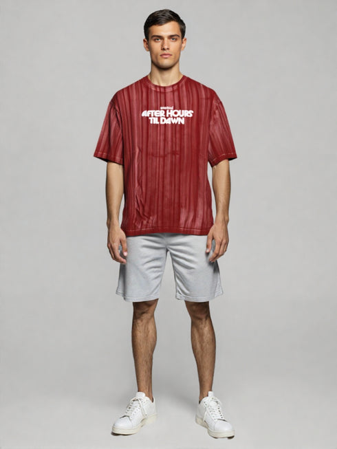 Burgundy Oversized T-Shirt with mask artwork and "AFTER HOURS TIL DAWN" back print