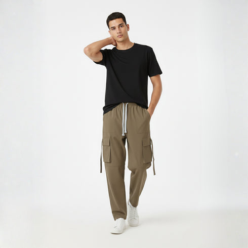 Khaki cotton blend baggy fit cargo pants for men with flap pockets and drawstring waist