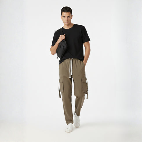 Khaki cotton blend baggy fit cargo pants for men with flap pockets and drawstring waist