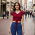 Red Ruffle Sleeve Tie-Front Crop Top