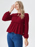 Maroon long sleeve smocked peplum top with tie-up neckline and flowy hem, women’s elegant casual wear