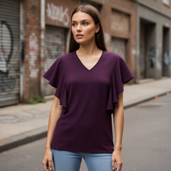 Purple Flutter Sleeve V-Neck Top