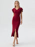 Maroon flutter sleeve midi dress with V-neck and ruffle slit hem