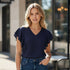Navy Blue Ruffle Sleeve V-Neck Top