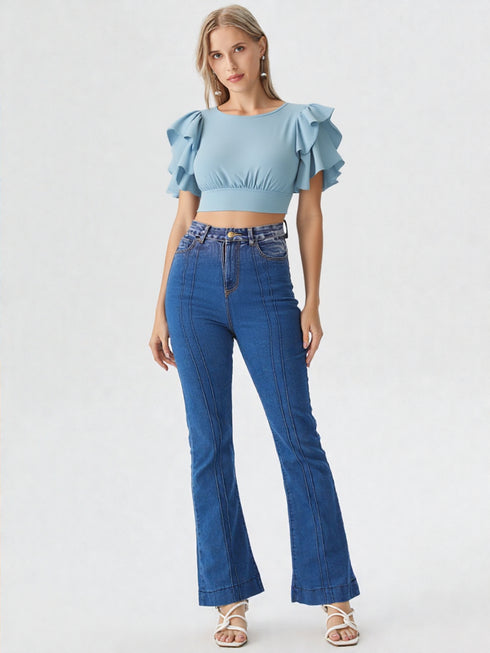 Blue ruffle sleeve crop top with layered sleeves and round neck