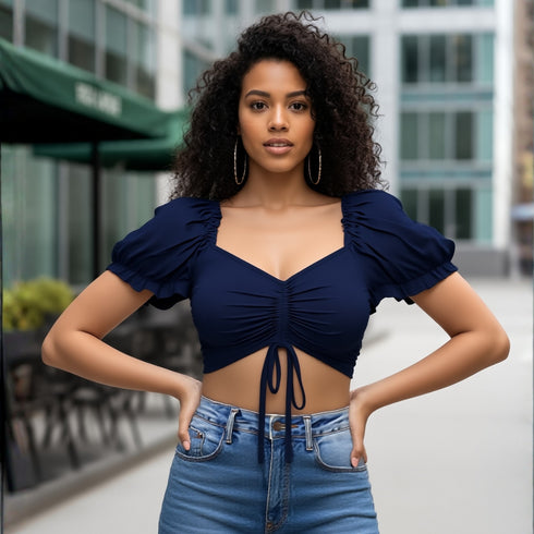 Ruched Drawstring Puff Sleeve Crop Top - Navy Blue