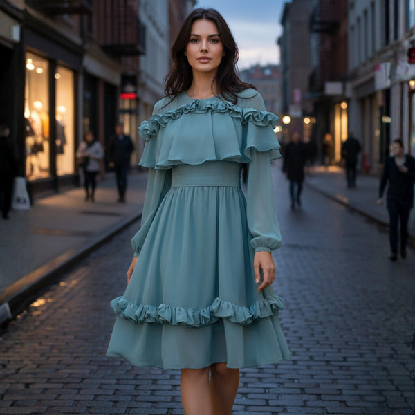 Ruffle Off Shoulder Long Sleeve Dress - Teal