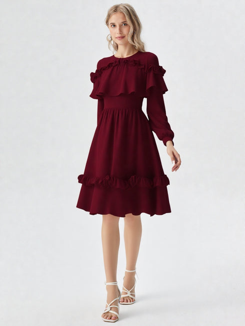 Maroon ruffle layered midi polyester dress with long sleeves and elastic waist, women’s party and semi-formal wear
