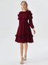 Maroon ruffle layered midi polyester dress with long sleeves and elastic waist, women’s party and semi-formal wear