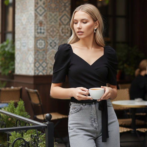 Black Wrap Puff Sleeve Top