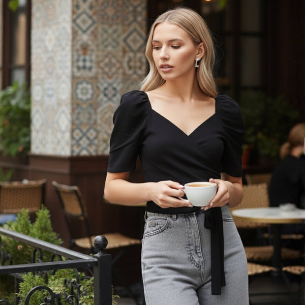 Black Wrap Puff Sleeve Top