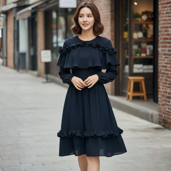 Ruffle Layer Long Sleeve Dress - Navy Blue